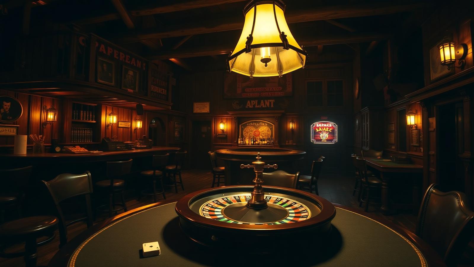 Sfeervolle saloon met roulettetafel en warm lamplicht
